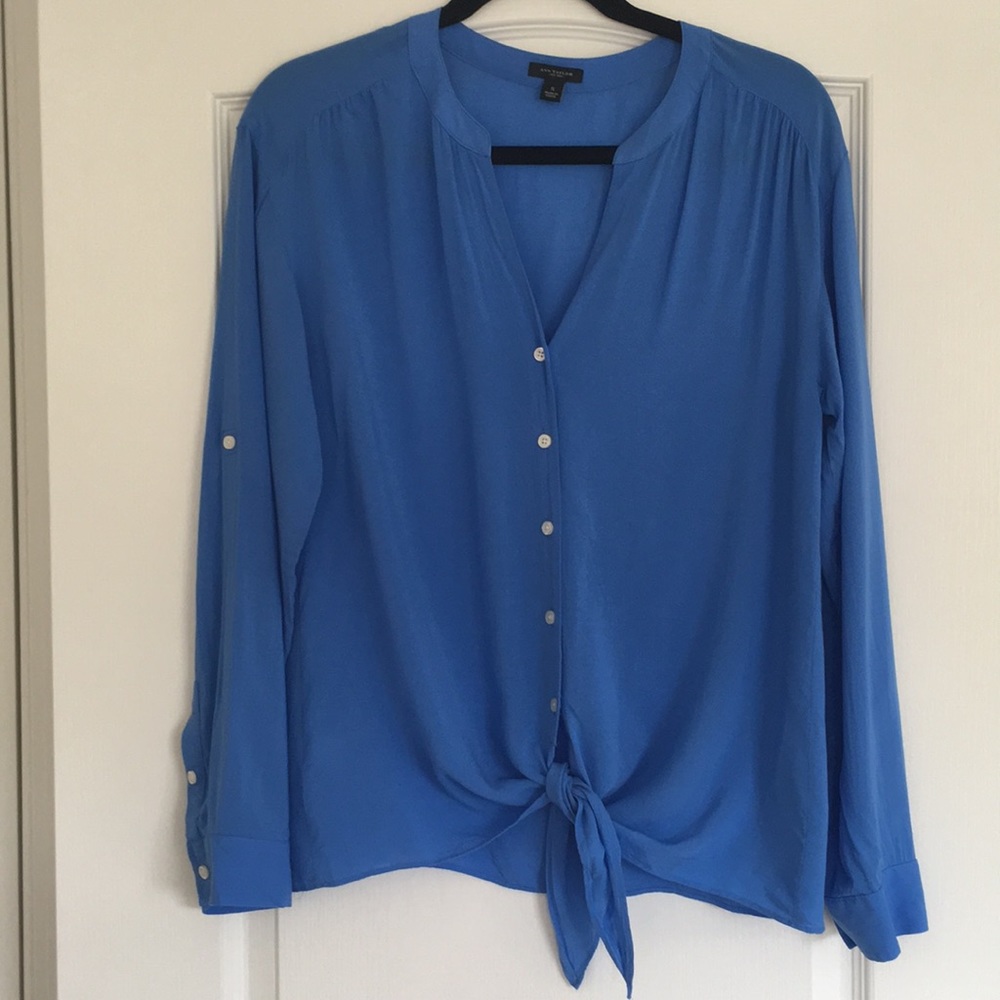 Blue front tie blouse